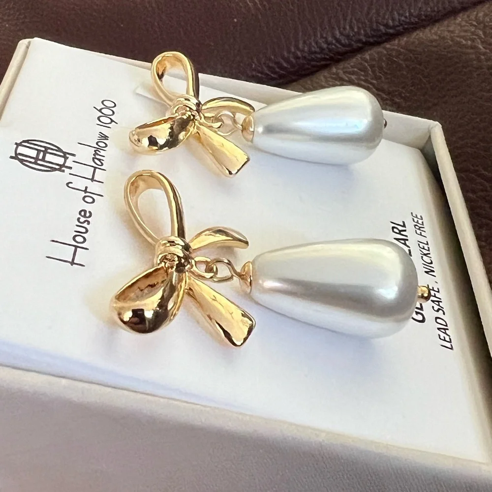 *Sold House of Harlow 1960 Glass Pearl Dangle Drop Earrings with Gold Bow Detail - Picture 4 of 13